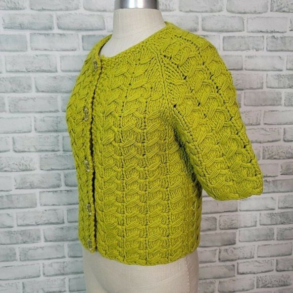 CHAUS S Avocado Green Chunky Knit Cardigan Sweater S/S Button Front Spring - Picture 3 of 8